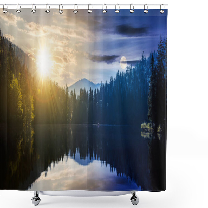 Personality  Day And Night Time Change Concept Above Tranquil Landscape With Lake In Summer. Forest Reflection In The Calm Water At Twilight. Beautiful Nature Scene With Sun And Moon. Peaceful Outdoor Environment Shower Curtains