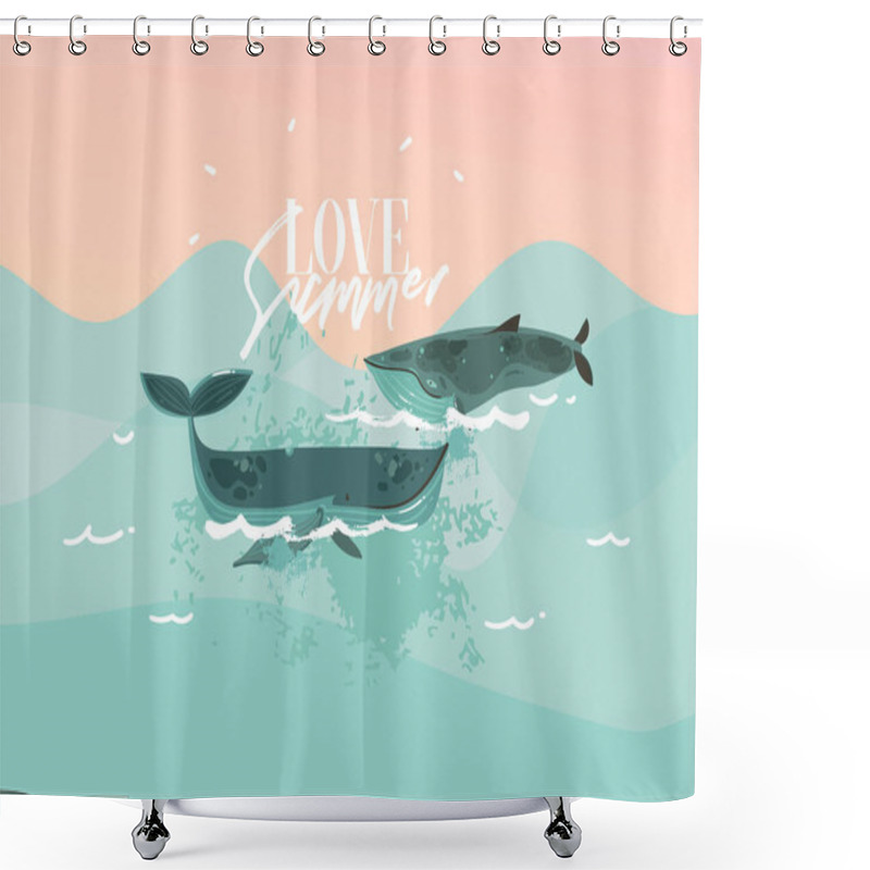 Personality  Hand Drawn Vector Abstract Stock Flat Graphic Illustration With Happy Beauty Swimming Whales And Sundown Ocean Scene Isolated On Blue Color Background. Shower Curtains