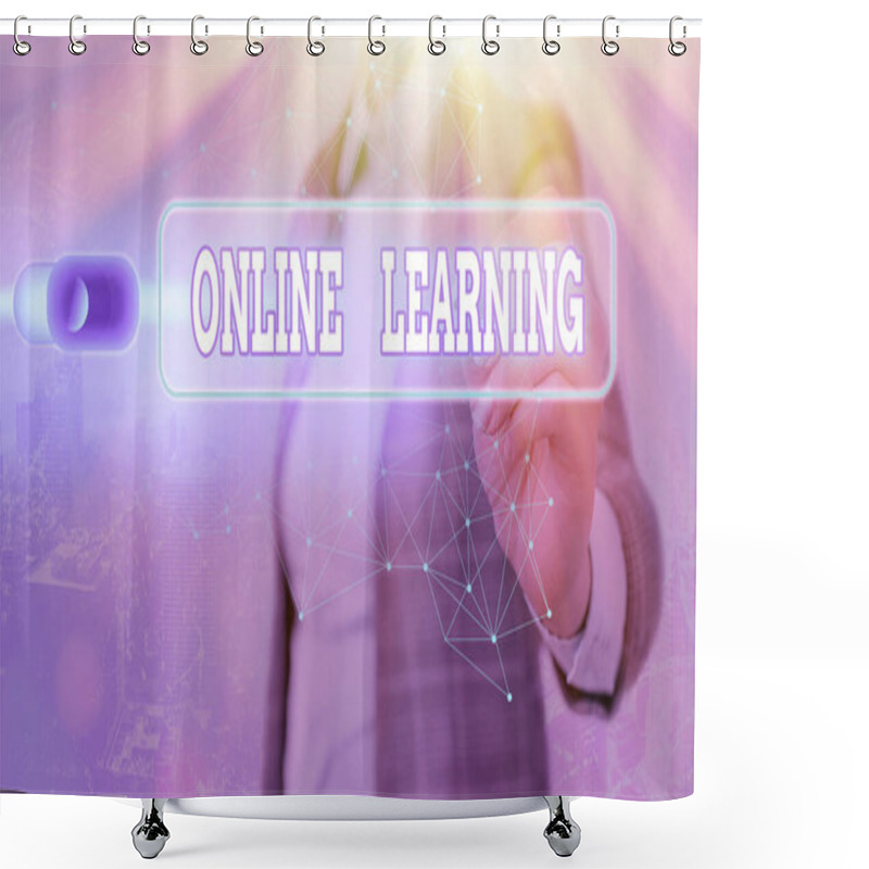 Personality  Writing Note Showing Online Learning. Business Photo Showcasing Larning With The Assistance Of The Internet And A Computer. Shower Curtains