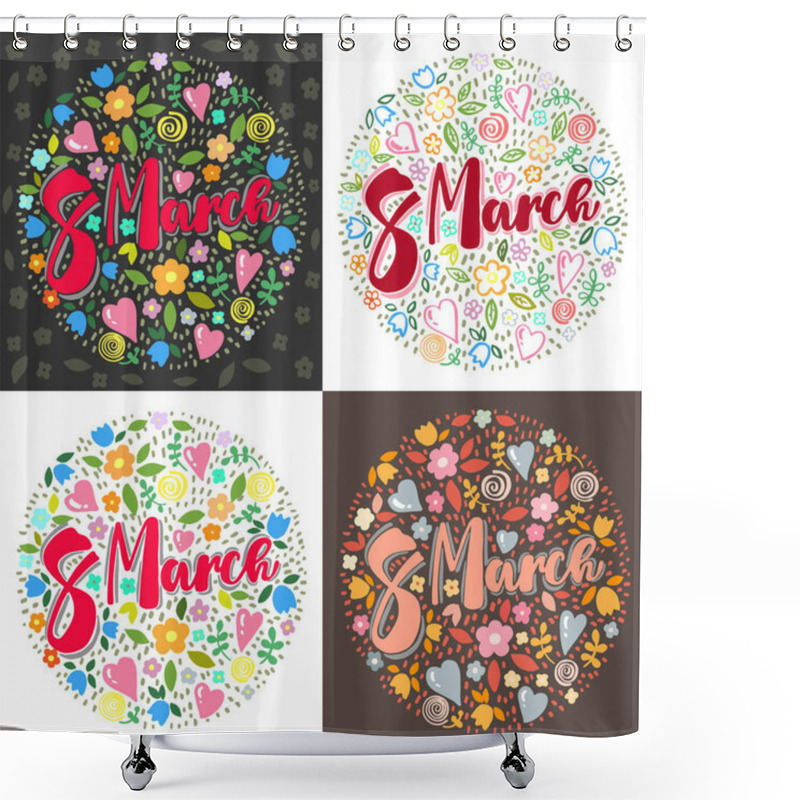 Personality  Set Of Text Designs With Hearts And Flowers For The March 8 Holiday Shower Curtains