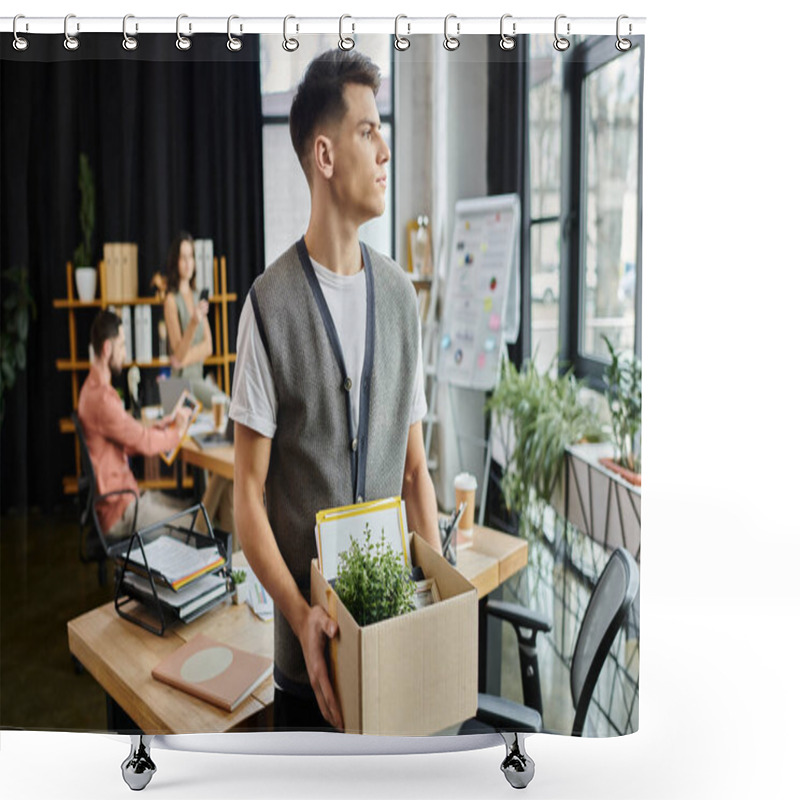 Personality  Young Pensive Man Packing His Items During Lay Off, Colleagues On Backdrop. Shower Curtains