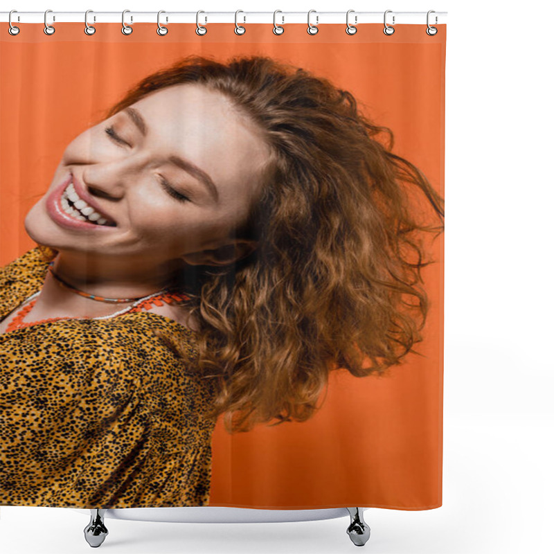 Personality  Portrait Of Happy Young Red Haired Woman In Necklaces And Trendy Blouse With Abstract Pattern Standing Isolated On Orange, Stylish Casual Outfit And Summer Vibes Concept, Youth Culture Shower Curtains