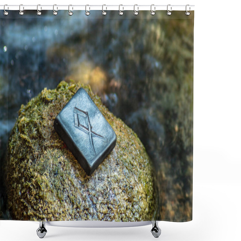 Personality  Norse Rune Othala (Odal) On The Stone And The Evening River Background. Men's Maturity, Family, Home, Tradition, Property Protection. The Rune Is Associated With The Supreme Scandinavian God Odin. Shower Curtains