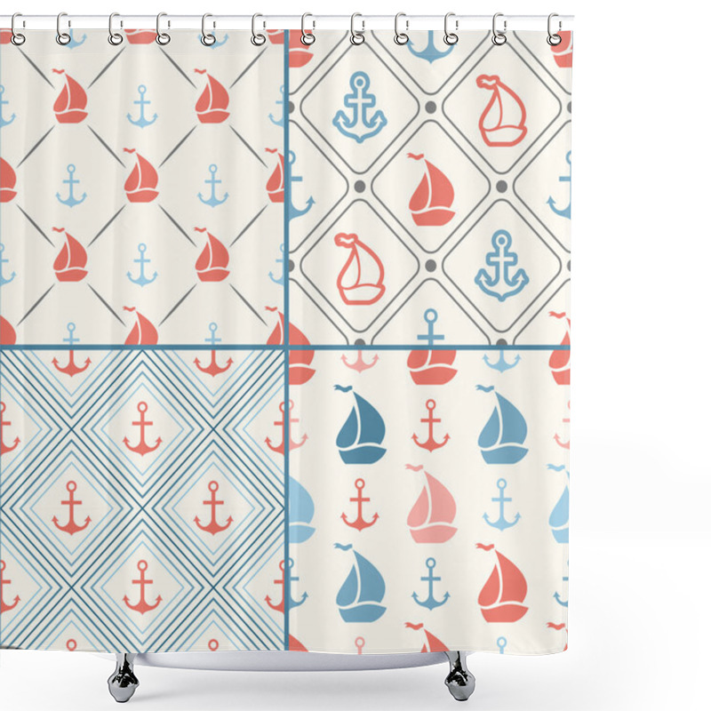 Personality  Seamless Vector Pattern Set Of Anchor, Sailboat Shape In Frame Shower Curtains