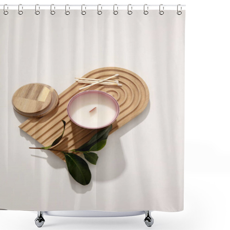 Personality  A Jar Of Scented Candles Is Placed On A Domed Wooden Platform With Cotton Swabs And Green Leaves On A White Background. Enjoy Relaxing Moments With The Scent Of Candles. Shower Curtains