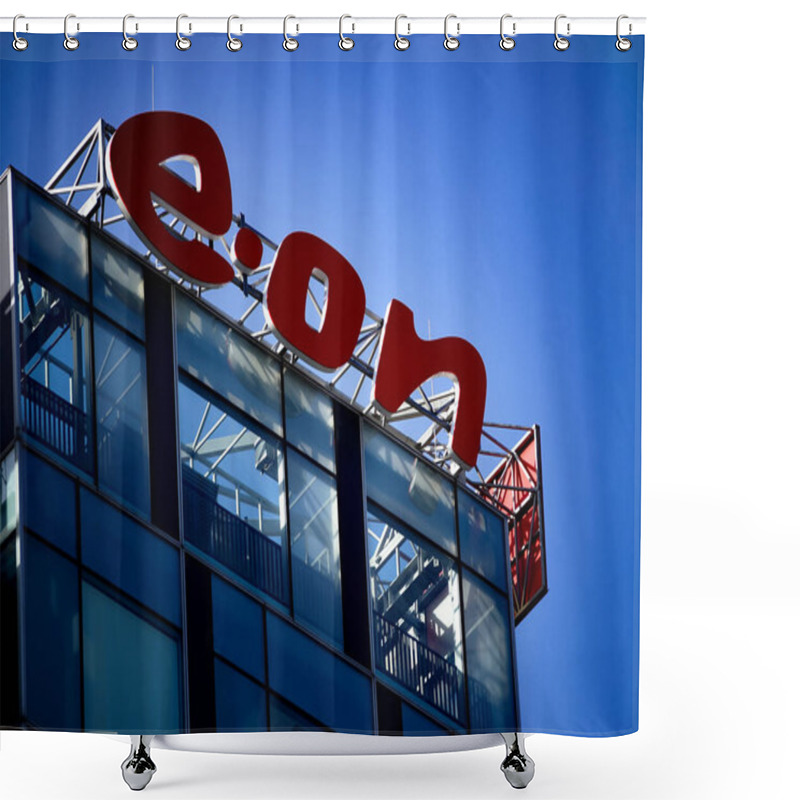 Personality  Bucharest, Romania - January 21, 2021: A Logo Of E.ON, European Electric Utility Company, Is Displayed On The Top Of A Building, In Bucharest, Romania. Shower Curtains