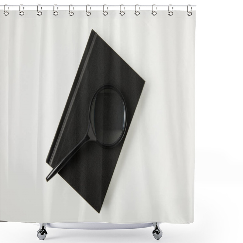 Personality  Top View Of Magnifying Glass On Black Notebook Isolated On White Shower Curtains