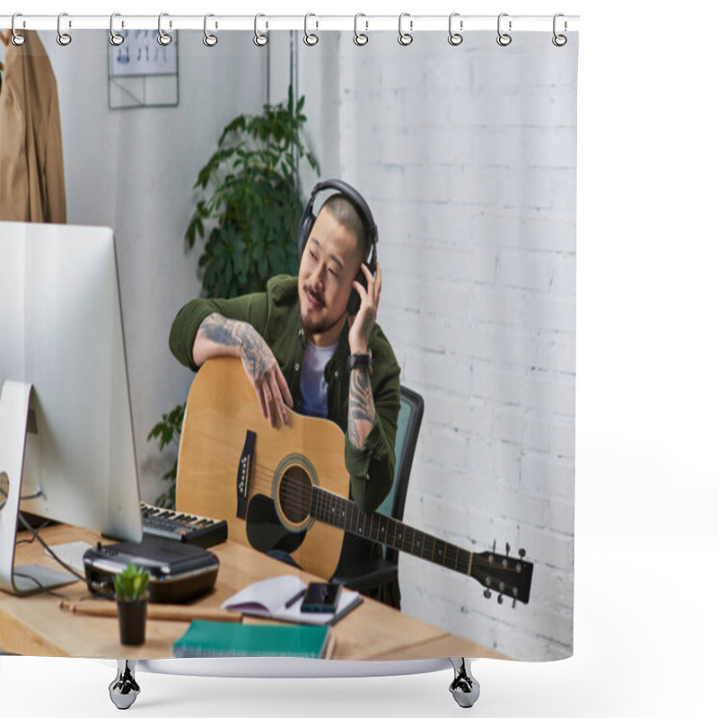 Personality  An Asian Man, A Multi-instrumentalist, Is Seen Working In His Studio. He Is Playing An Acoustic Guitar And Listening To Music Through Headphones. Shower Curtains