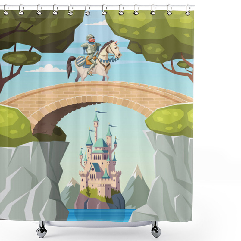 Personality  Knight On Horseback Crosses The Bridge And Castle In Background Shower Curtains