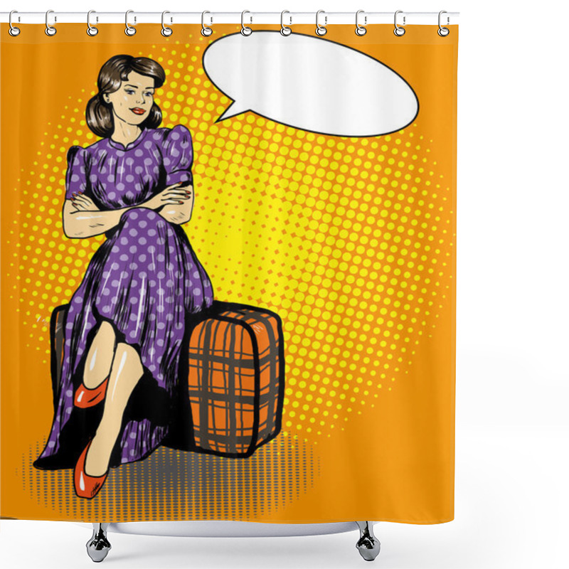 Personality  Beautiful Woman Sit On A Bag. Vector Illustration In Comic Retro Pop Art Style. Speech Bubble Shower Curtains