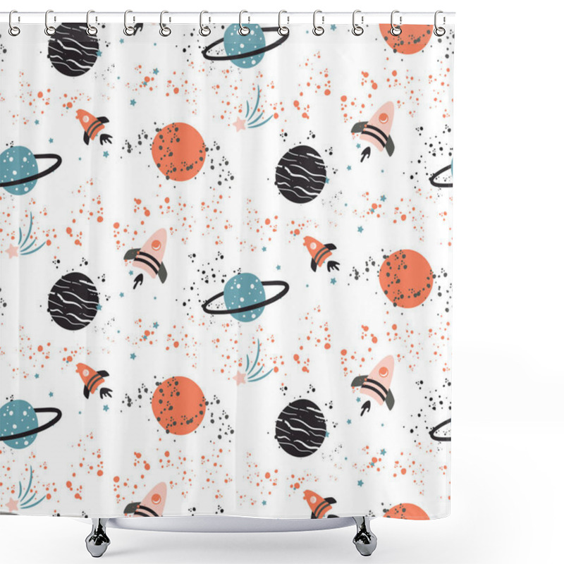 Personality  Seamless Vector Pattern With Planets And Spaceships. Shower Curtains