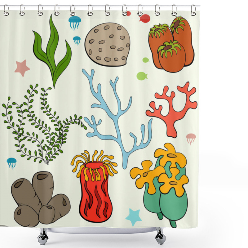 Personality  Set Of Cartoon Underwater Plants And Creatures. Shower Curtains