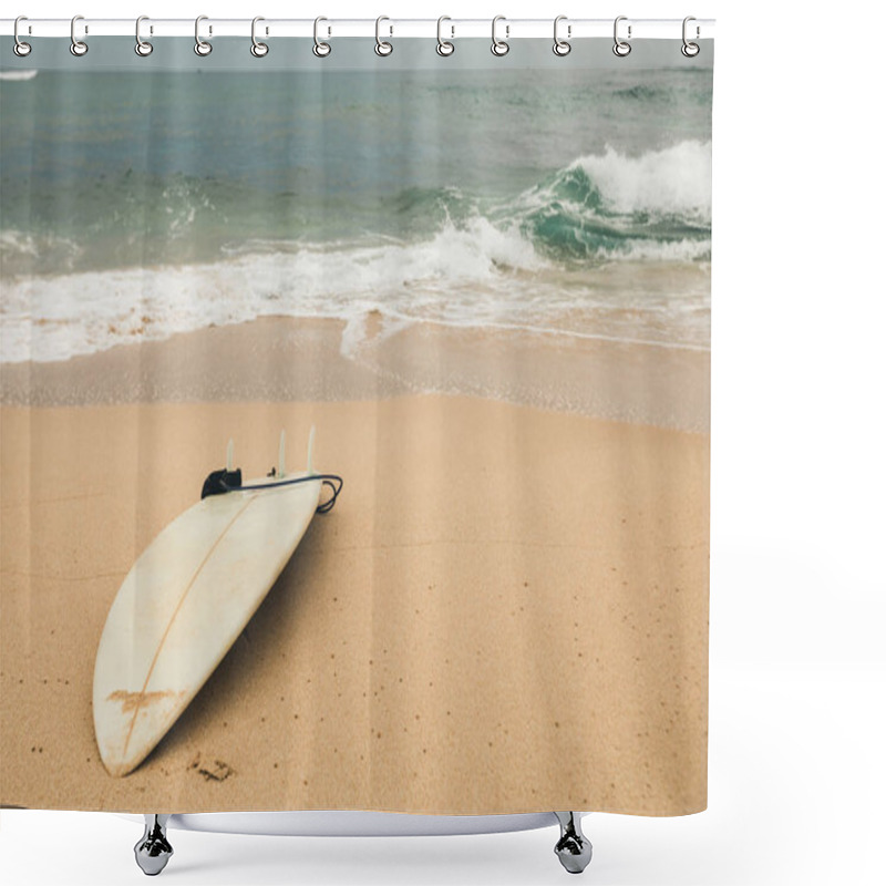 Personality  White Surfboard On Sandy Beach  Shower Curtains