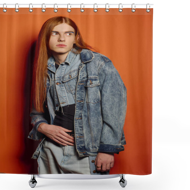 Personality  Young Man With Long Red Hair Stands Against A Vibrant Orange Background, Expressing Deep Emotions. Shower Curtains