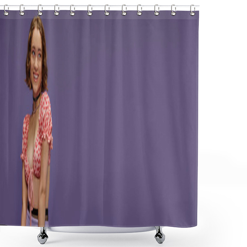 Personality  Happy Young Woman In Cropped Top With Hearts Smiling On Purple Background, Positive Emotion Banner Shower Curtains