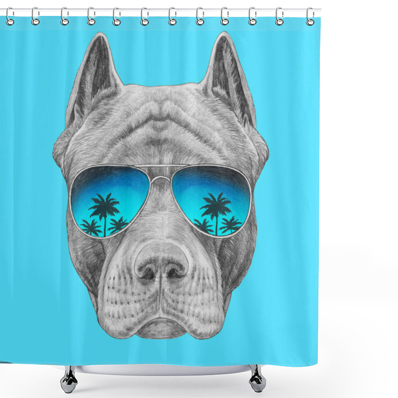 Personality  Funny Sketch Of Pit Bull Portrait In Aviator Sunglasses With Reflection Of Palm Trees On Blue Shower Curtains