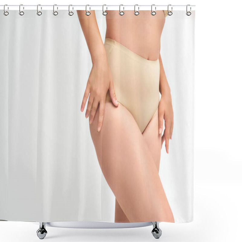 Personality  Cropped View Of Young Plus Size Woman In Beige Panties With Hands Near Curvy Hips On White, Beauty Shower Curtains