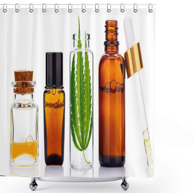 Personality  Glass Bottles Of Cannabis Oil And Hemp Leaves Isolated On White Background. Concept Of Using Hemp In Medicine Shower Curtains