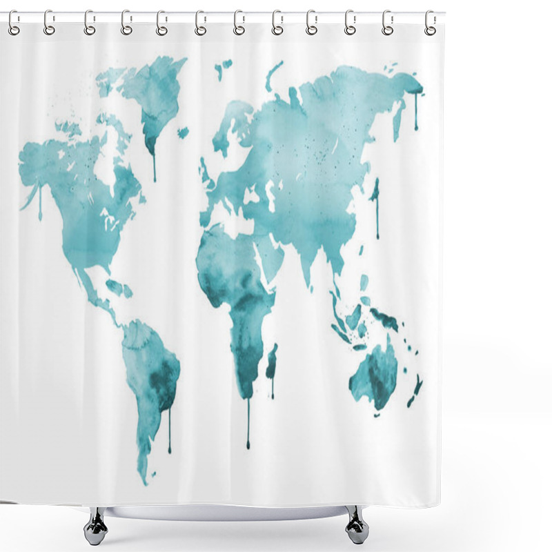 Personality  Aquamarine World Map. Abstract Blue Topography Art. Watercolour Illustration Isolated On White Background. Shower Curtains