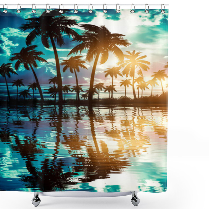 Personality  Night Landscape With Palm Trees, Against The Backdrop Of A Neon Sunset, Stars. Silhouette Coconut Palm Trees On Beach At Sunset. Futuristic Landscape. Neon Palm Tree. Tropical Sunset. Reflection Of Neon Light On The Water. 3D Illustration Shower Curtains