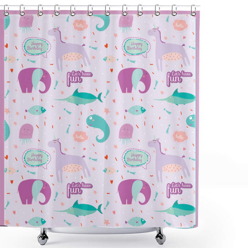 Personality  Childish Pattern With Cartoon Animals, Speech Bubbles And Fireworks Shower Curtains