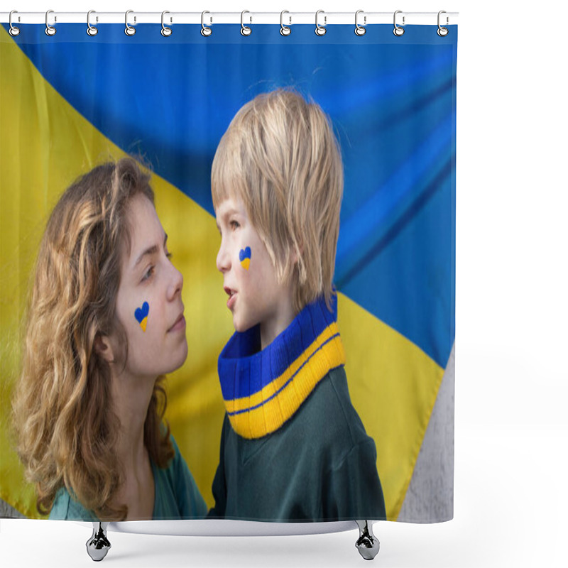 Personality  Boy And Young Woman With Painted Yellow-blue Heart On Cheeks Against Background Of Ukrainian Flag. Family, Unity, Support. Children Against War. Call To World Community For Help To Ukrainians Shower Curtains