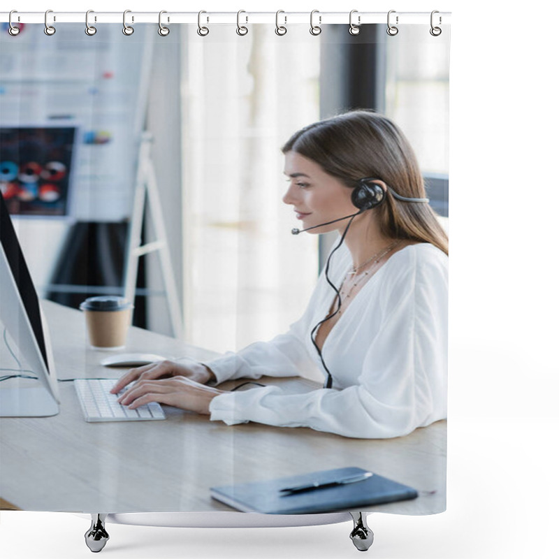 Personality  Side View Of Smiling Businesswoman In Headset Typing On Computer Keyboard In Office  Shower Curtains