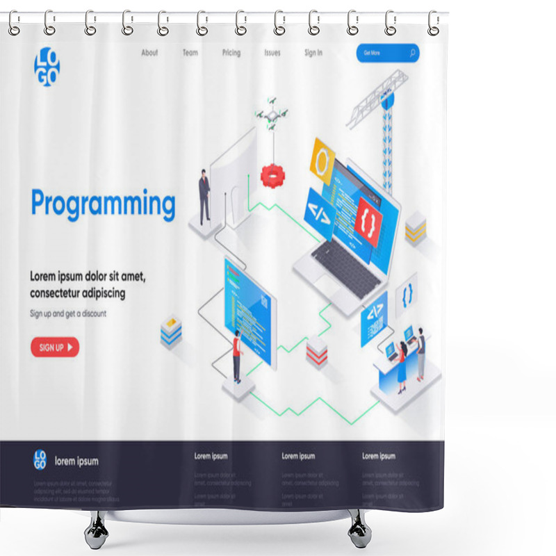 Personality  Programming Isometric Landing Page. Full Stack Software Development, Engineering, Programming Isometry Concept. Outsourcing Company Service Flat Web Page. Vector Illustration With People Characters. Shower Curtains