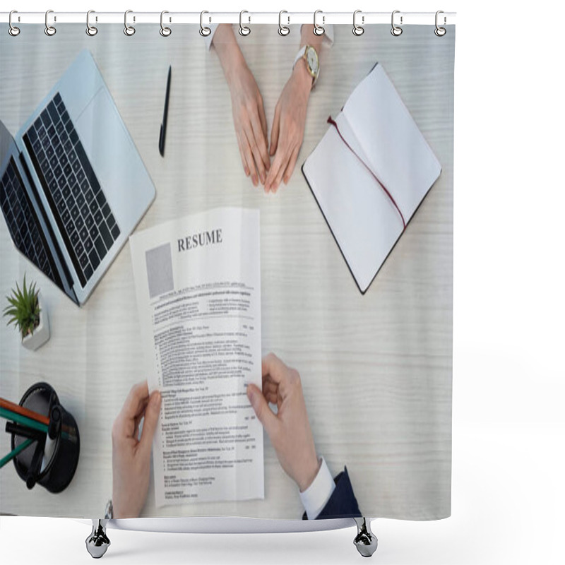 Personality  Top View Of Cropped Businessman With Resume Near Woman And Laptop On Desk Shower Curtains