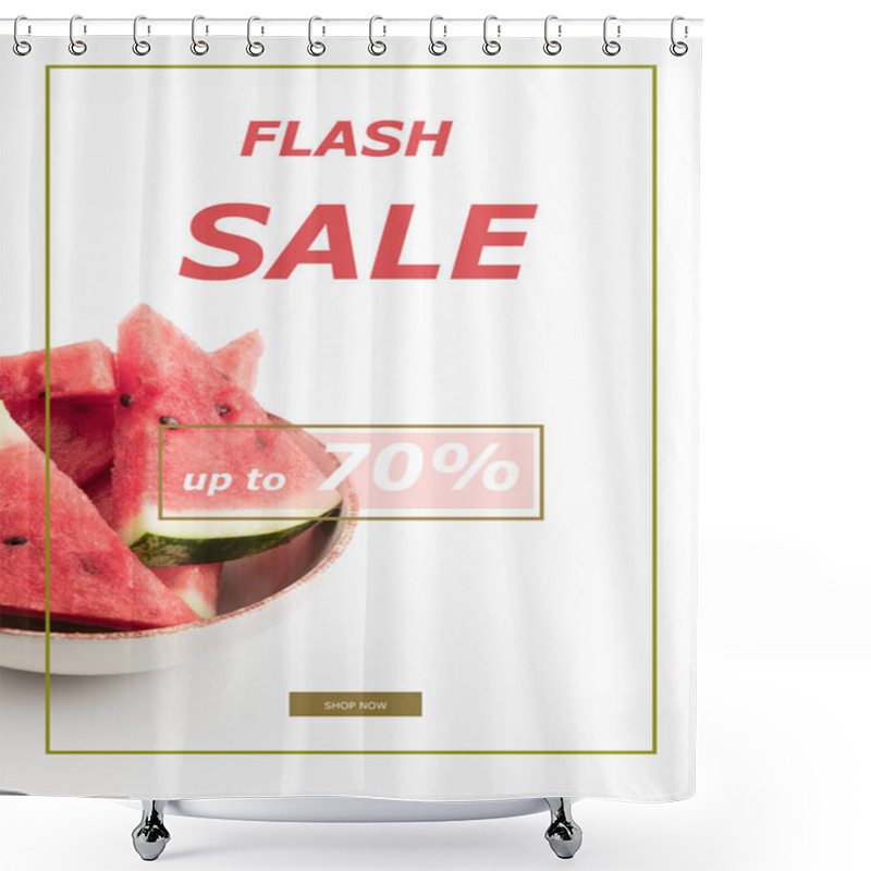 Personality  Fresh Watermelon Slices In Bowl, Isolated On White With Flash Sale Sign And 70 Percents Shower Curtains