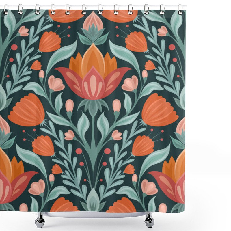 Personality  Vector Folk Art Pattern With Floral Rhombus Composition On Dark Green Background. Botanical Texture With Geometric Decorative Flowers In Tile. Backdrop With Symmetrical Bloom Plants Shower Curtains