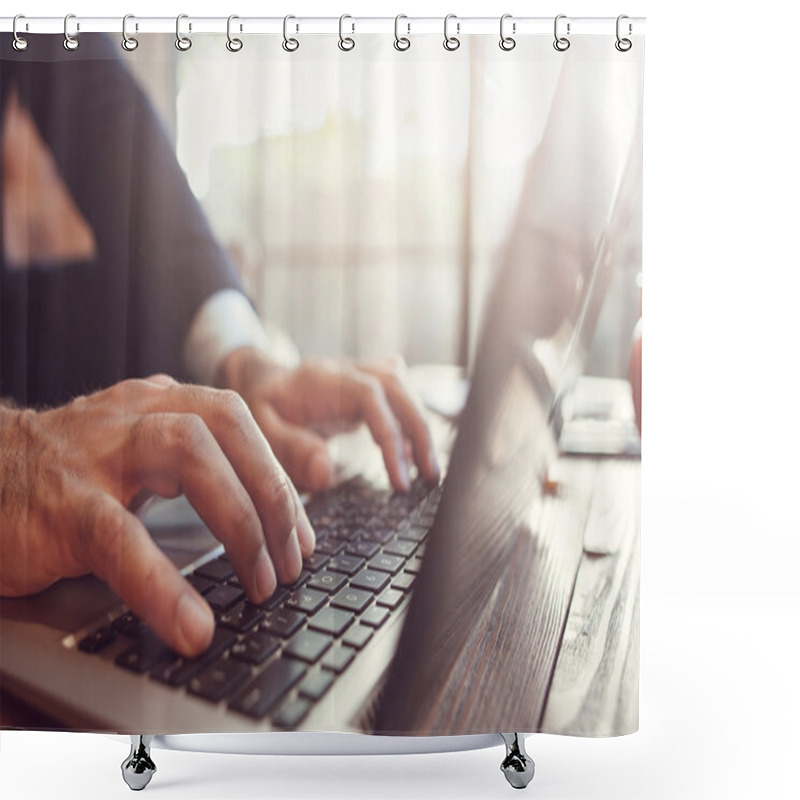 Personality  Businessman Working At Laptop On Sunset. Shower Curtains