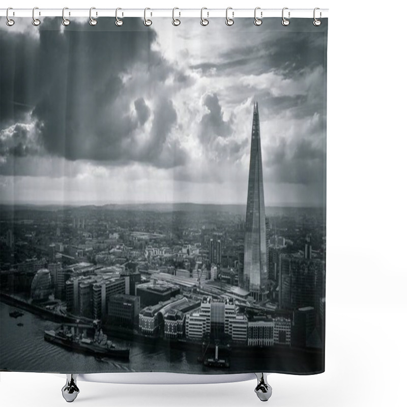 Personality  The Shard Towers Over Londons Skyline, Its Sharp Design Contrasted With The Sprawling City Below, With Dramatic Clouds In The Sky. Shower Curtains