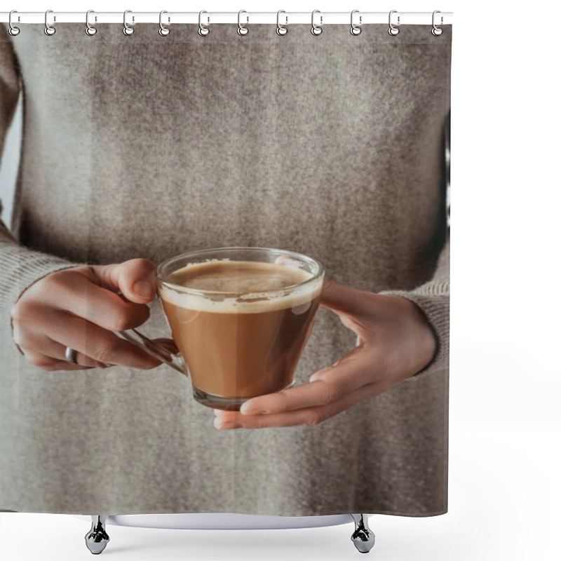 Personality  Close-up Partial View Of Woman Holding Glass Cup With Coffee On Grey Shower Curtains