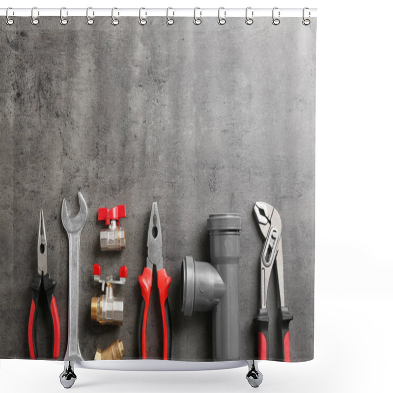 Personality  Flat Lay Composition With Plumber's Tools And Space For Text On Gray Background Shower Curtains