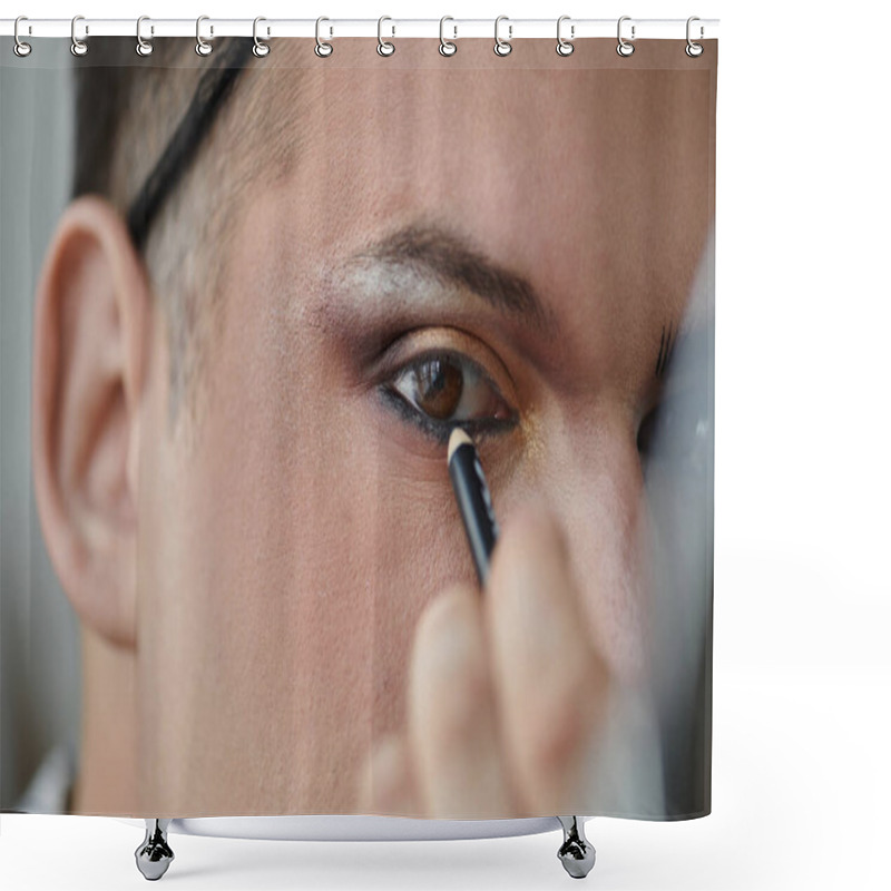 Personality  A Queer Person Applies Eyeliner To Their Eye With Precision, Creating A Striking Look. Shower Curtains