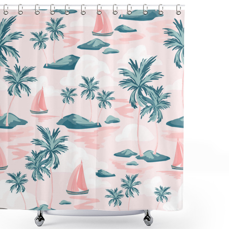 Personality  Abstract Paradise Island Seamless Pattern. Tropics Background With Sailing Boats, Exotic Islands, Palm Trees Silhouettes, Ocean Sea Waves Texture. Hand Drawn Vector Art Illustration For Summer Design Shower Curtains