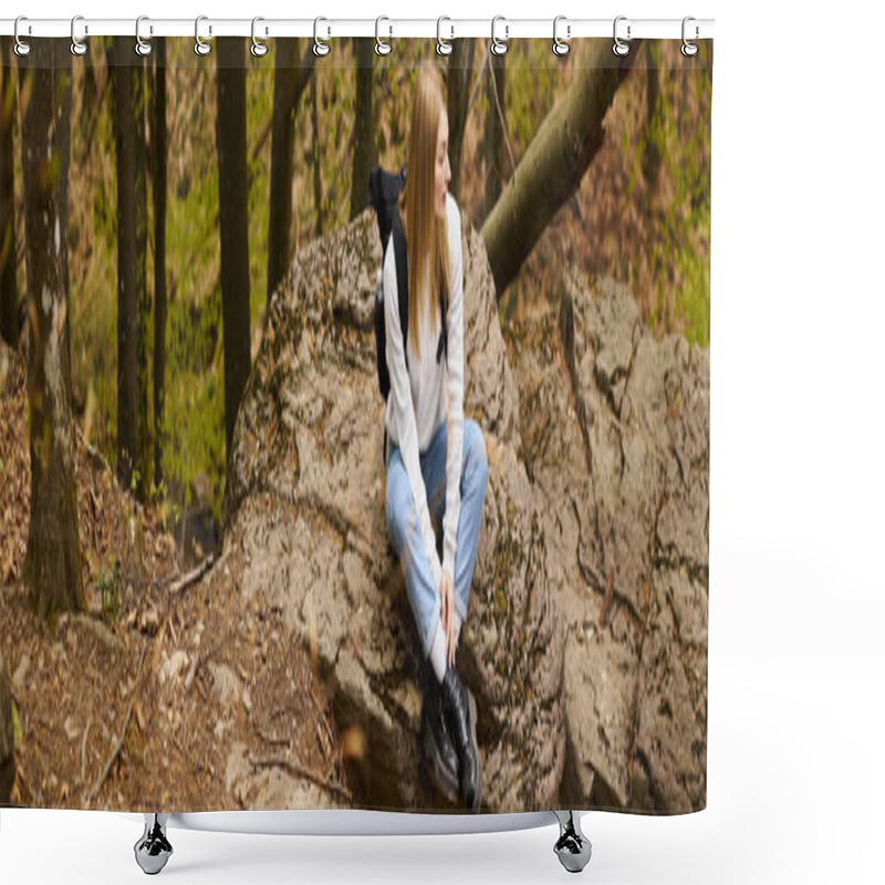 Personality  Young Woman Hiker With Backpack Sitting At Halt On Rocky Cliff In Forest Looking Away, Banner Shower Curtains