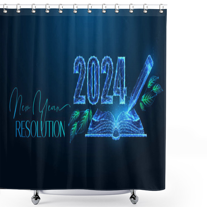 Personality  Abstract 2024 New Year Resolution Concept Banner With Open Notebook, Pencil And 2024 Digits In Futuristic Glowing Polygonal Style On Dark Blue Background. Modern Wireframe Design Vector Illustration. Shower Curtains