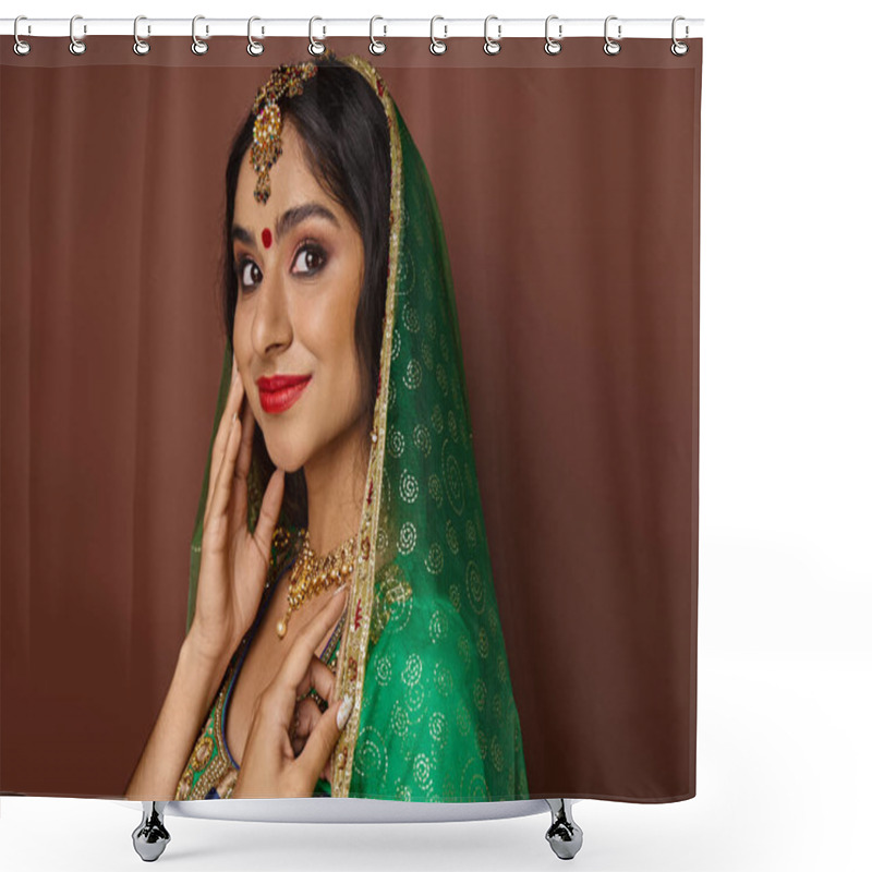 Personality  Attractive Joyous Indian Woman In National Clothing With Bindi Dot Smiling And Looking At Camera Shower Curtains