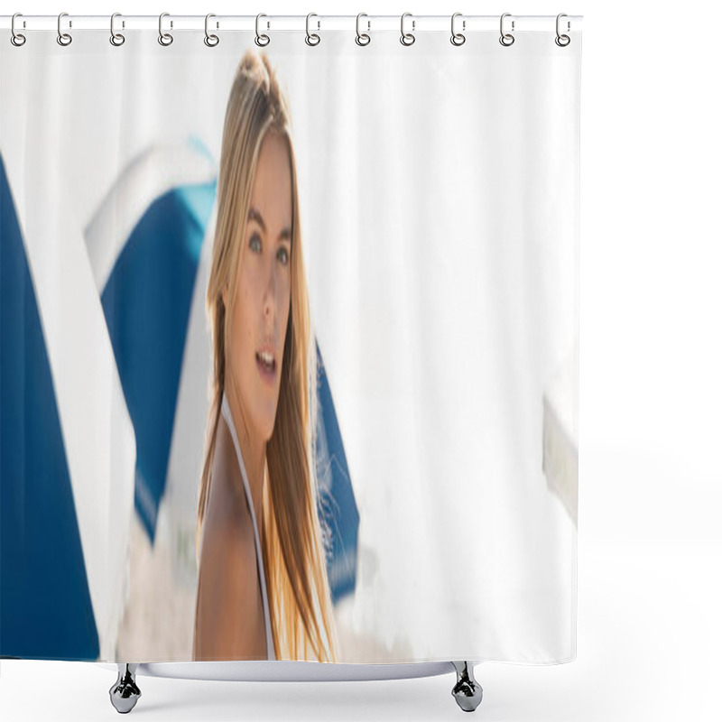 Personality  A Stunning Blonde Woman Strikes A Pose In A White Bikini On Miami Beach, Exuding Effortless Beauty And Grace. Shower Curtains