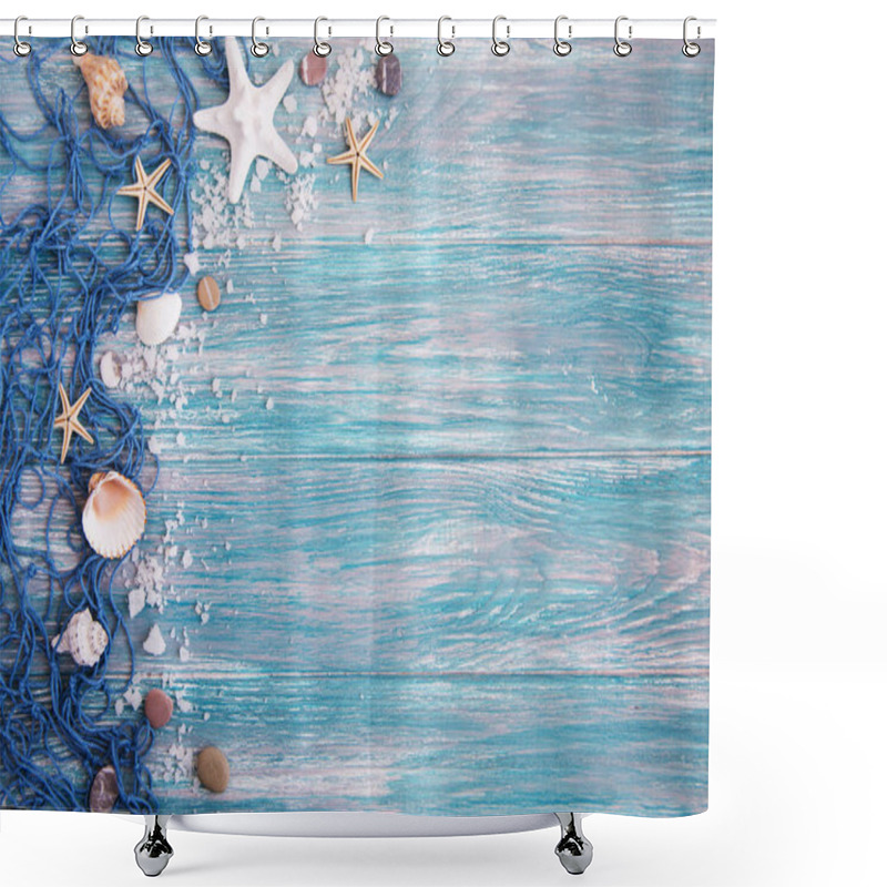 Personality  Fishing Net With Starfish On A Wooden  Background Shower Curtains