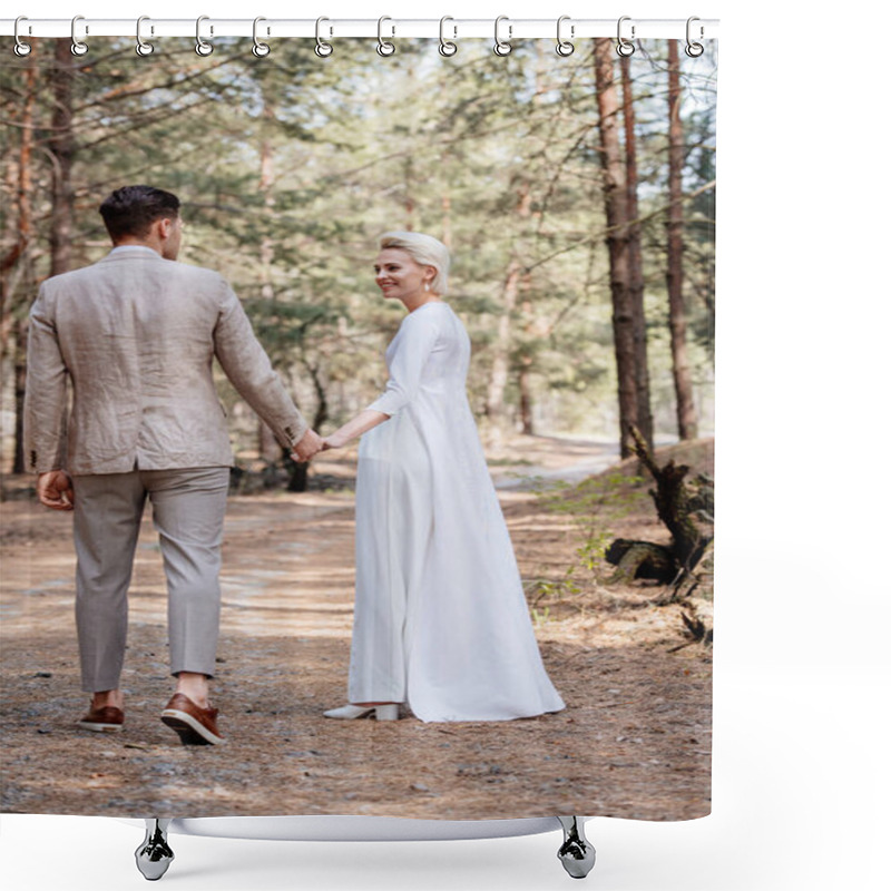 Personality  Full Length View Of Smiling Just Married Couple Holding Hands And Walking In Forest Shower Curtains