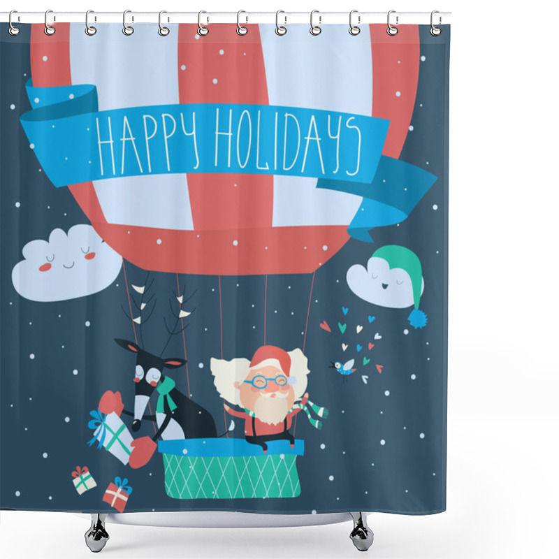 Personality  Santa Claus Flying In A Hot Air Balloon With Reindeer Shower Curtains