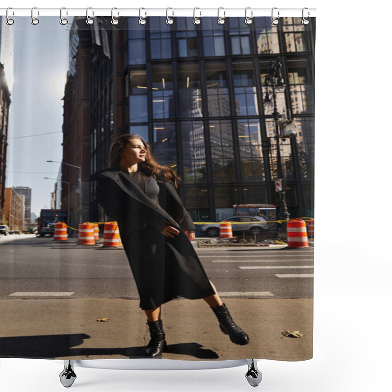 Personality  A Young Woman Dances On A New York City Street, Her Black Coat Billowing In The Wind. Shower Curtains