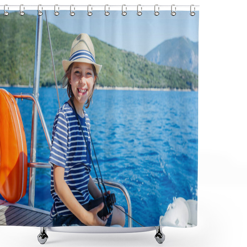 Personality  Little Boy On Board Of Sailing Yacht On Summer Cruise. Travel Adventure, Yachting With Child On Family Vacation. Shower Curtains