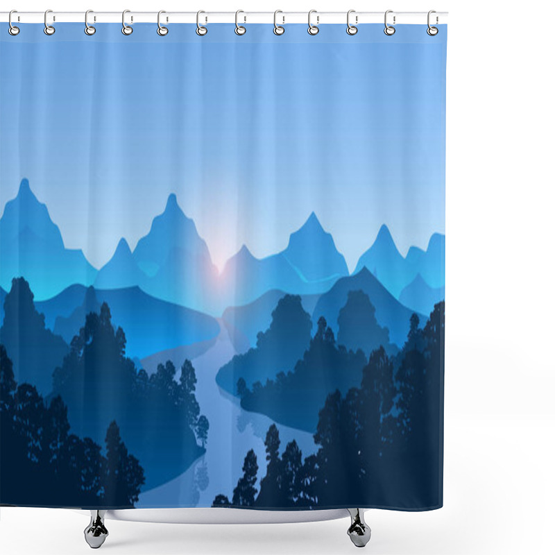 Personality  Mountains With River And Forest Trees Landscape Vector Illustration. Shower Curtains