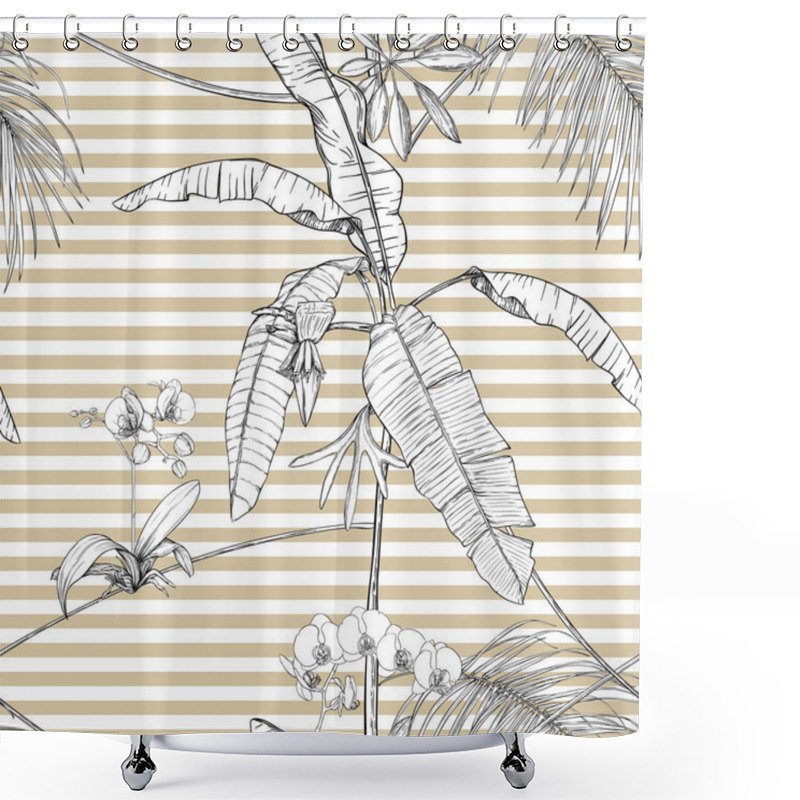 Personality  Tropical Plants And White Orchid Flowers. Seamless Pattern, Background.  Graphic Drawing, Engraving Style. Vector Illustration. On Beige And White Stripes Background. Shower Curtains