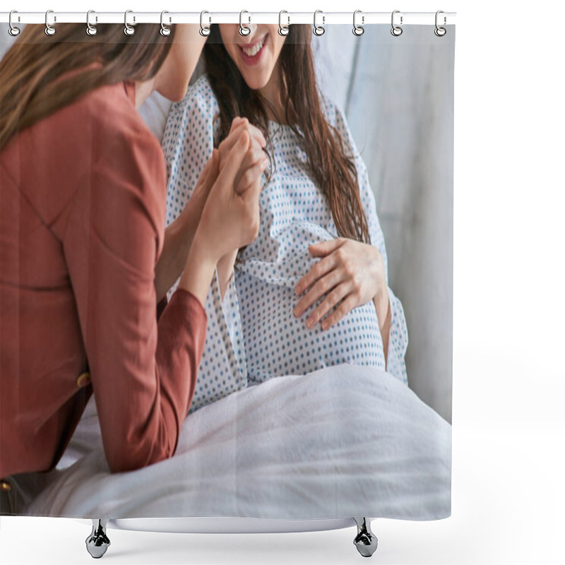 Personality  Cropped View Of Smiling Lesbian Couple Holding Hands With One Hand On Pregnant Belly, Ivf Concept Shower Curtains