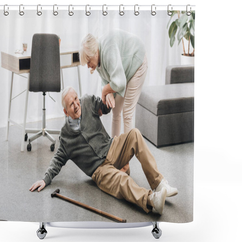 Personality  Old Woman Helping To Stand Up Husband Who Falled Down On Floor Shower Curtains